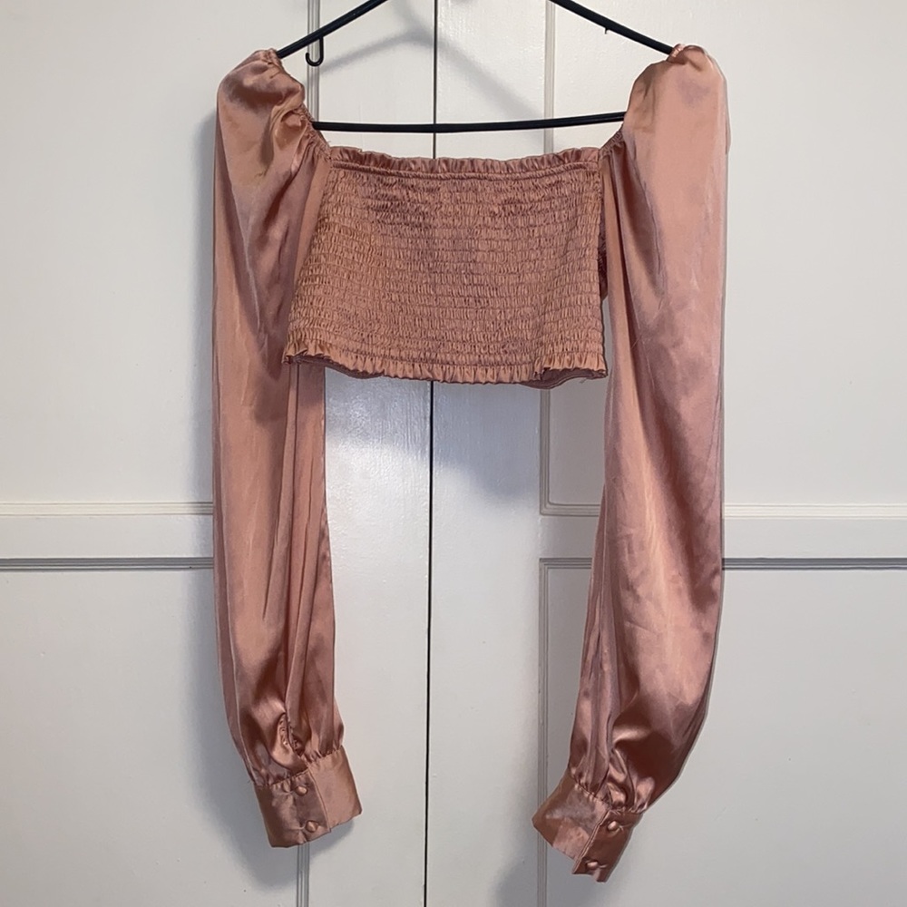 Better Be Medium Peach Satin Crop Top Long Sleeve - Picture 3 of 13